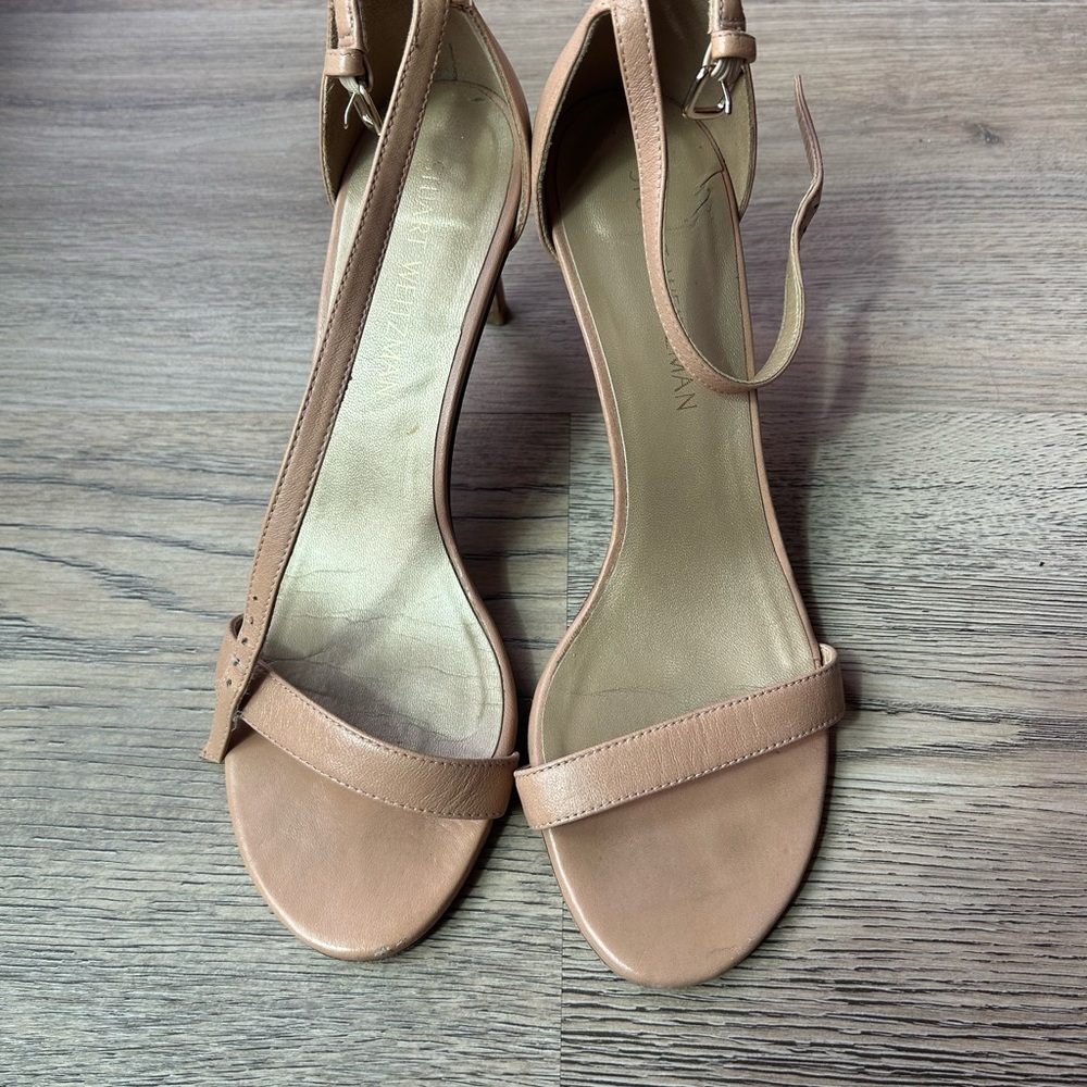 Stuart Weitzman Nudist Leather Ankle-Strap Sandals, size 8.5